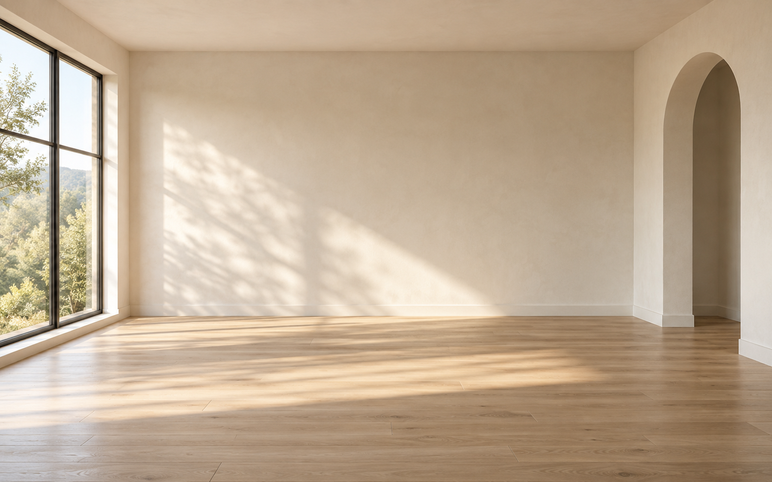 An empty warm contemporary living room
